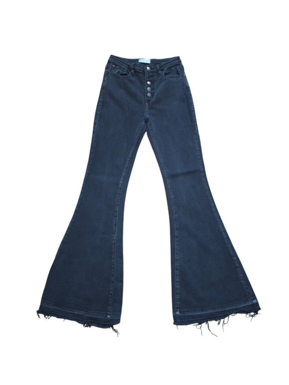 Nature Denim Flare Jeans Distressed Raw Hem Size 7 Dark Wash Stretch